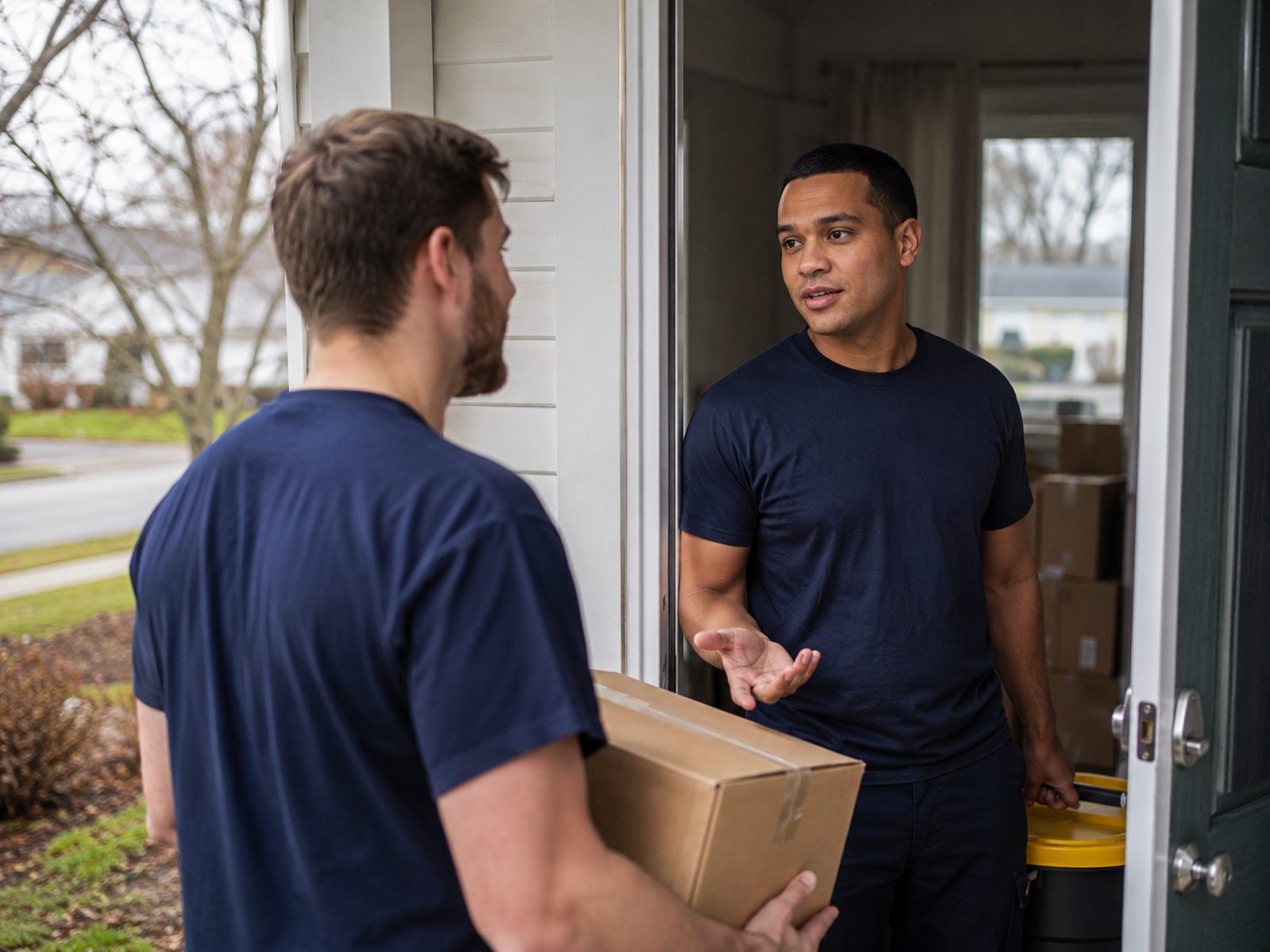 Two D-Seekers movers in navy shirts talking with a customer at the front door.