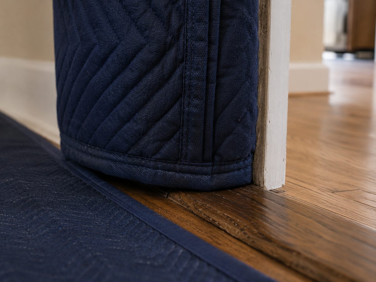 Close-up of a padded door jamb protector and floor runner protecting a hardwood threshold.