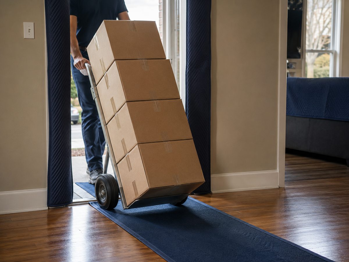 Boxes on a hand truck being wheeled indoors over a floor protection runner.