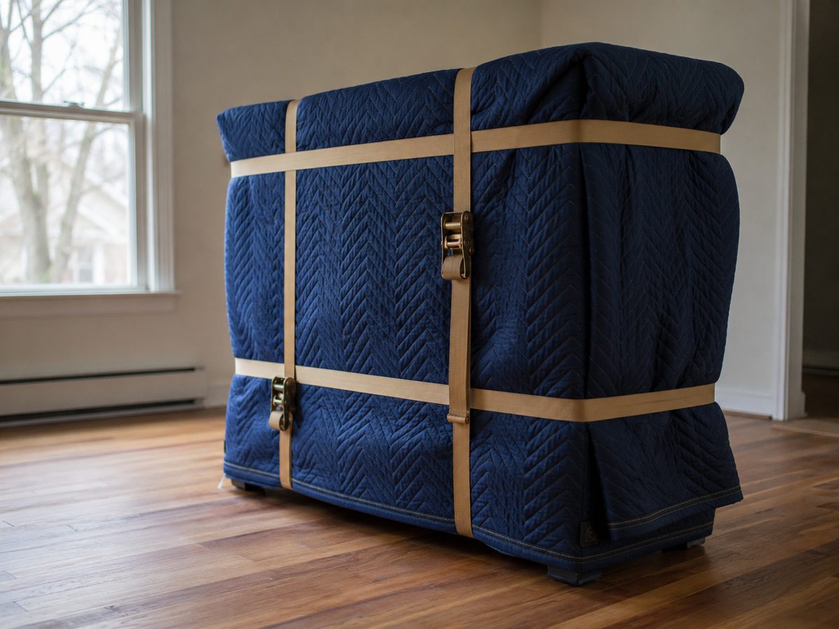 A dresser fully wrapped in quilted moving blankets and secured with straps.